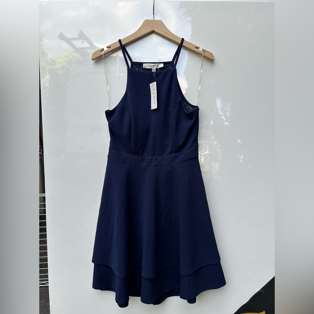 Juniors Navy Sleeveless open back Dress